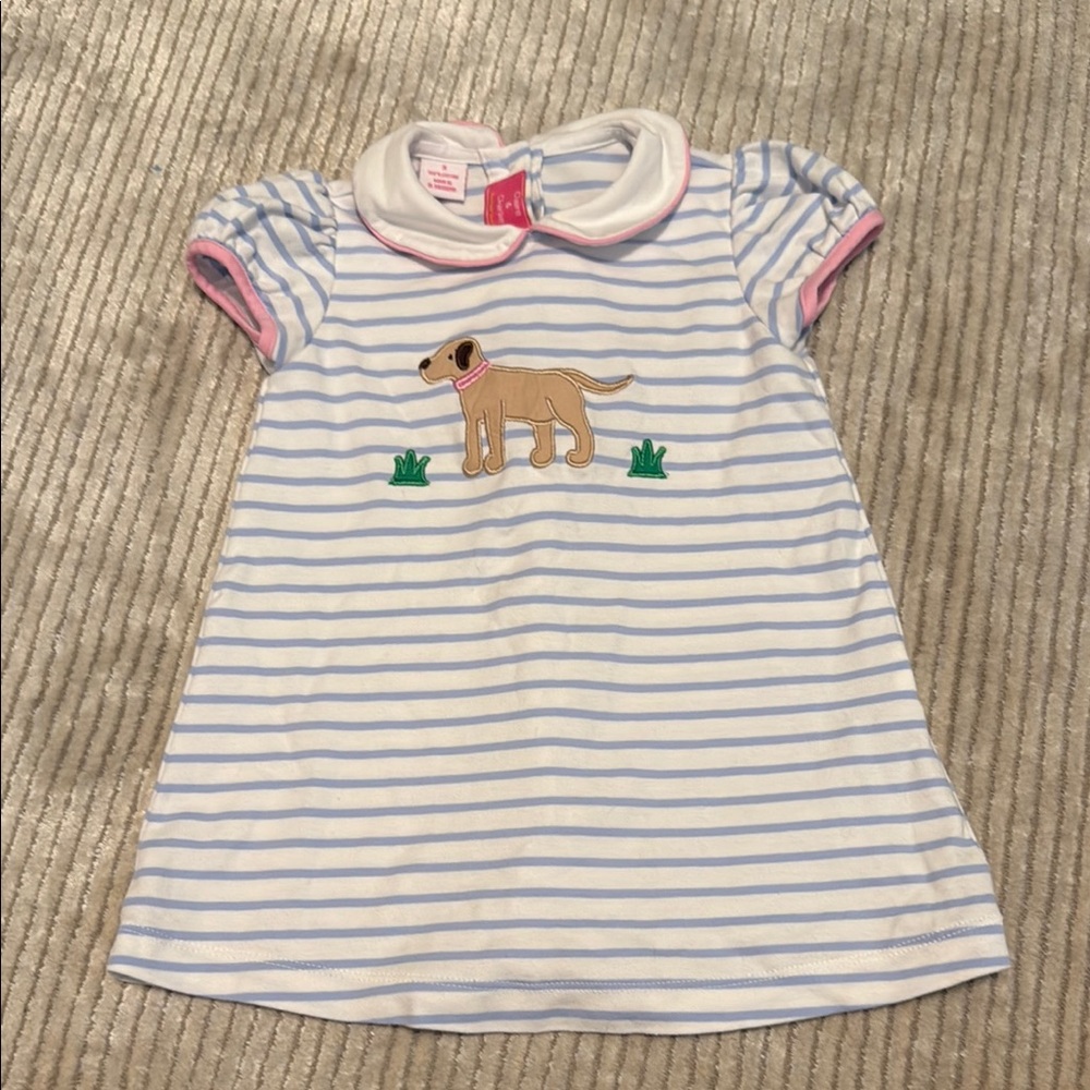 Charming Blue and White Striped Kids Dress with Dog Embroidery